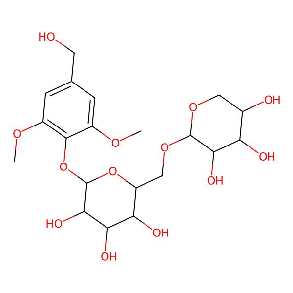 2D Structure of 2-[4-(Hydroxymethyl)-2,6-dimethoxyphenoxy]-6-[(3,4,5-trihydroxyoxan-2-yl)oxymethyl]oxane-3,4,5-triol