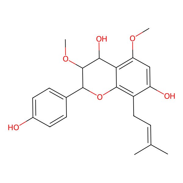 2D Structure of 2-(4-hydroxyphenyl)-3,5-dimethoxy-8-(3-methylbut-2-enyl)-3,4-dihydro-2H-chromene-4,7-diol