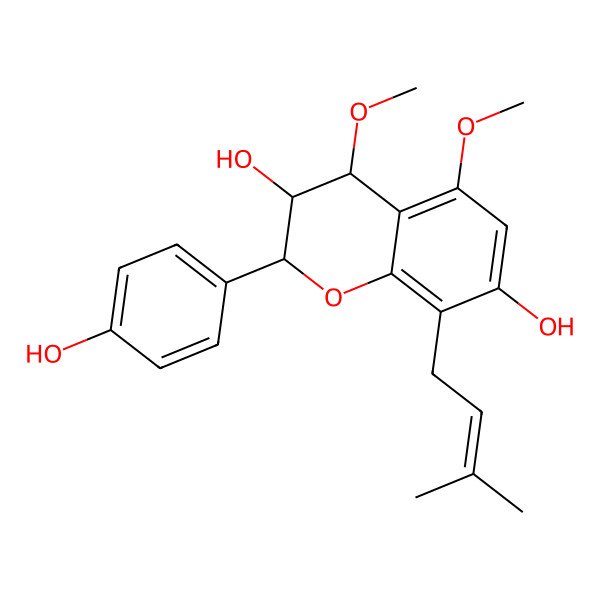 2D Structure of 2-(4-hydroxyphenyl)-4,5-dimethoxy-8-(3-methylbut-2-enyl)-3,4-dihydro-2H-chromene-3,7-diol