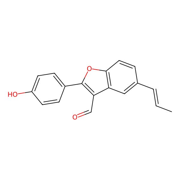 2D Structure of 2-(4-Hydroxyphenyl)-5-prop-1-enyl-1-benzofuran-3-carbaldehyde