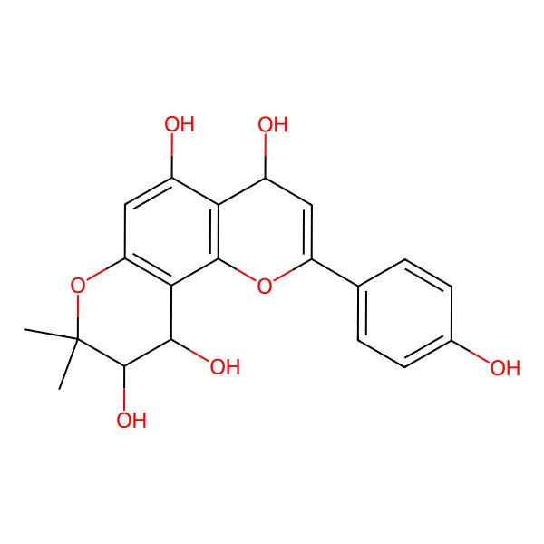 2D Structure of 2-(4-hydroxyphenyl)-8,8-dimethyl-9,10-dihydro-4H-pyrano[2,3-h]chromene-4,5,9,10-tetrol