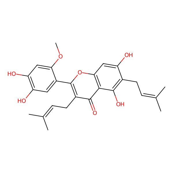 2D Structure of 2-(4,5-Dihydroxy-2-methoxyphenyl)-5,7-dihydroxy-3,6-bis(3-methylbut-2-enyl)chromen-4-one 2D Structure of 2-(4,5-Dihydroxy-2-methoxyphenyl)-5,7-dihydroxy-3,6-bis(3-methylbut-2-enyl)chromen-4-one