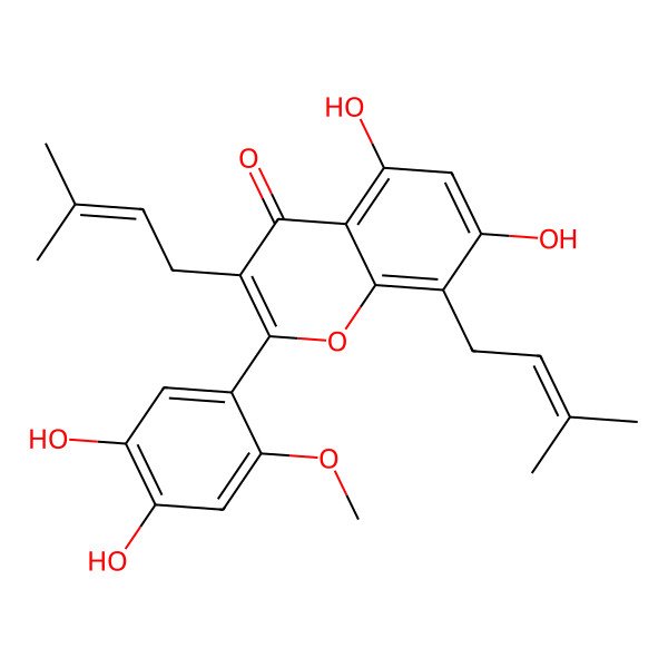 2D Structure of 2-(4,5-Dihydroxy-2-methoxyphenyl)-5,7-dihydroxy-3,8-bis(3-methylbut-2-enyl)chromen-4-one 2D Structure of 2-(4,5-Dihydroxy-2-methoxyphenyl)-5,7-dihydroxy-3,8-bis(3-methylbut-2-enyl)chromen-4-one