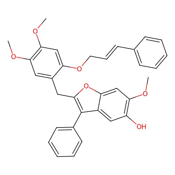 2D Structure of 2-[[4,5-Dimethoxy-2-(3-phenylprop-2-enoxy)phenyl]methyl]-6-methoxy-3-phenyl-1-benzofuran-5-ol