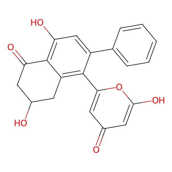 2D Structure of 2-(4,7-dihydroxy-5-oxo-2-phenyl-7,8-dihydro-6H-naphthalen-1-yl)-6-hydroxypyran-4-one