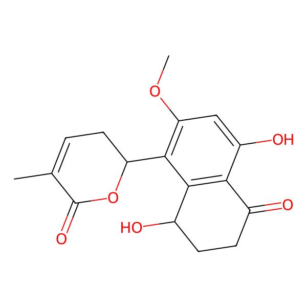 2D Structure of 2-(4,8-dihydroxy-2-methoxy-5-oxo-7,8-dihydro-6H-naphthalen-1-yl)-5-methyl-2,3-dihydropyran-6-one