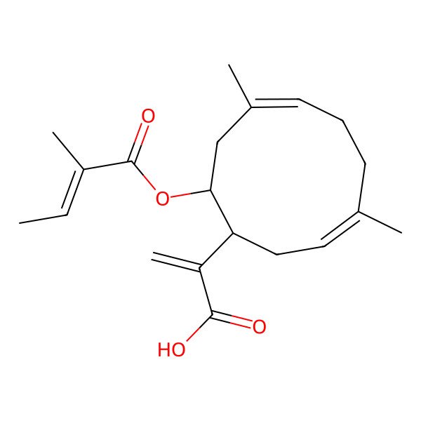 2D Structure of 2-[4,8-Dimethyl-10-(2-methylbut-2-enoyloxy)cyclodeca-3,7-dien-1-yl]prop-2-enoic acid