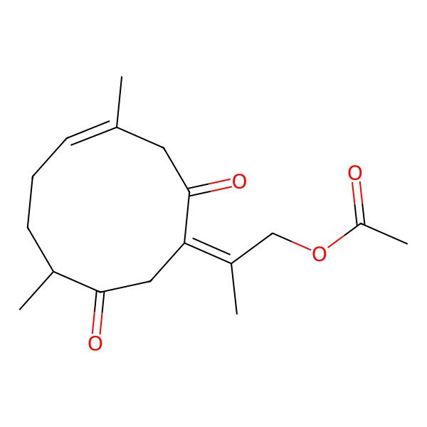 2D Structure of 2-(4,8-Dimethyl-2,9-dioxocyclodec-4-en-1-ylidene)propyl acetate