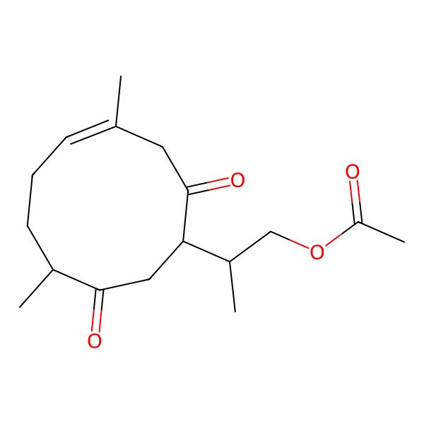 2D Structure of 2-(4,8-Dimethyl-2,9-dioxocyclodec-4-en-1-yl)propyl acetate 2D Structure of 2-(4,8-Dimethyl-2,9-dioxocyclodec-4-en-1-yl)propyl acetate
