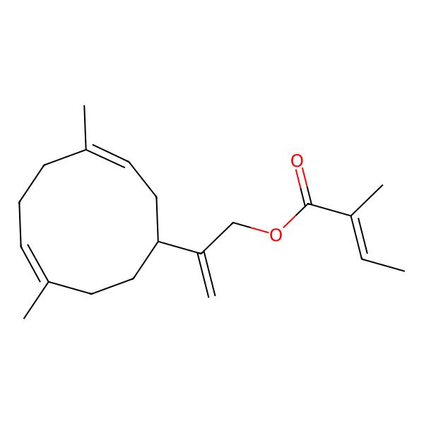 2D Structure of 2-(4,8-Dimethylcyclodeca-3,7-dien-1-yl)prop-2-enyl 2-methylbut-2-enoate 2D Structure of 2-(4,8-Dimethylcyclodeca-3,7-dien-1-yl)prop-2-enyl 2-methylbut-2-enoate