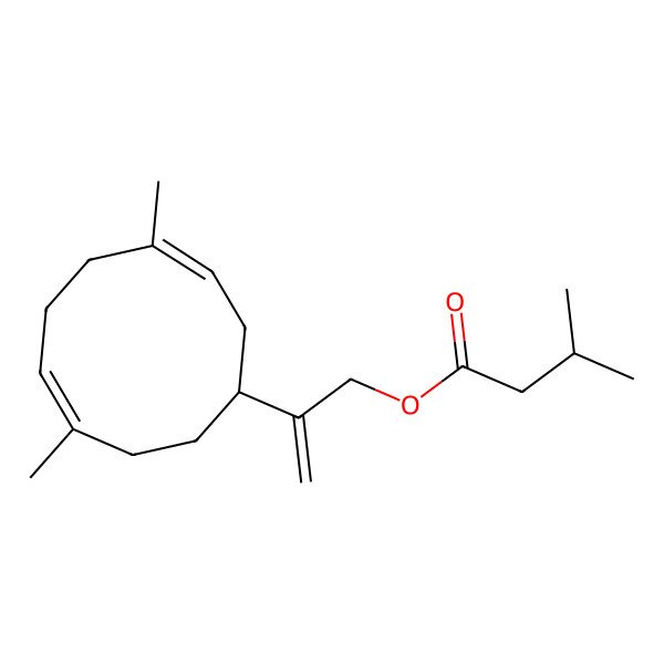 2D Structure of 2-(4,8-Dimethylcyclodeca-3,7-dien-1-yl)prop-2-enyl 3-methylbutanoate 2D Structure of 2-(4,8-Dimethylcyclodeca-3,7-dien-1-yl)prop-2-enyl 3-methylbutanoate