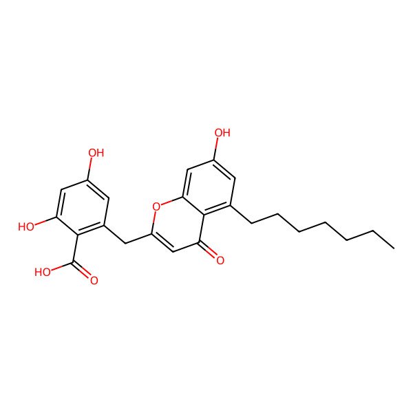 2D Structure of 2-[(5-Heptyl-7-hydroxy-4-oxochromen-2-yl)methyl]-4,6-dihydroxybenzoic acid