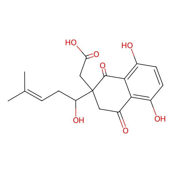 2D Structure of 2-[5,8-dihydroxy-2-(1-hydroxy-4-methylpent-3-enyl)-1,4-dioxo-3H-naphthalen-2-yl]acetic acid