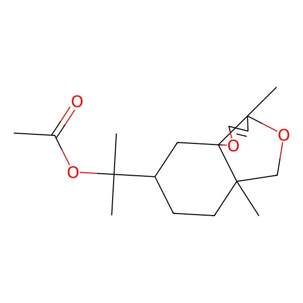 2D Structure of 2-{5,8-Dimethyl-2,6-dioxatricyclo[6.4.0.0^{1,5}]dodec-3-en-11-yl}propan-2-yl acetate