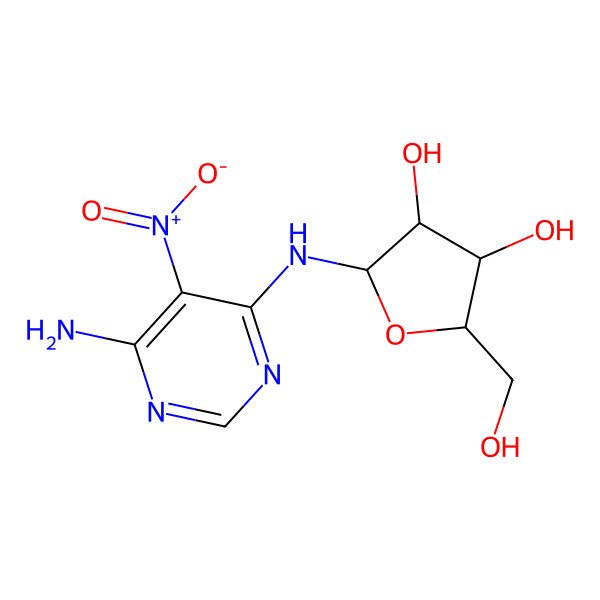 2D Structure of 2-[(6-Amino-5-nitropyrimidin-4-yl)amino]-5-(hydroxymethyl)oxolane-3,4-diol