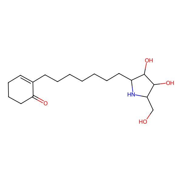 2D Structure of 2-[7-[(2R,3R,4S,5R)-3,4-dihydroxy-5-(hydroxymethyl)pyrrolidin-2-yl]heptyl]cyclohex-2-en-1-one
