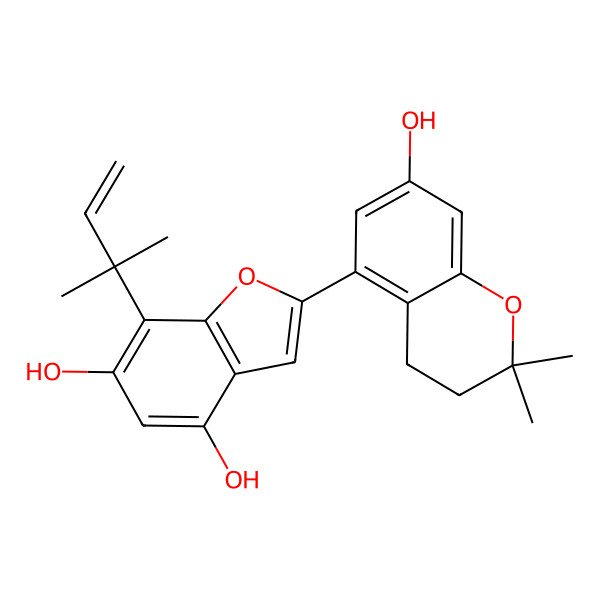 2D Structure of 2-(7-Hydroxy-2,2-dimethyl-3,4-dihydrochromen-5-yl)-7-(2-methylbut-3-en-2-yl)-1-benzofuran-4,6-diol
