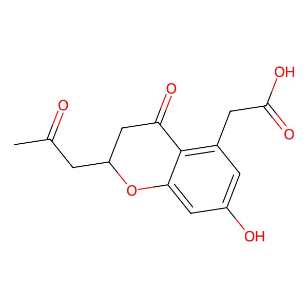 2D Structure of 2-[7-Hydroxy-4-oxo-2-(2-oxopropyl)-2,3-dihydrochromen-5-yl]acetic acid
