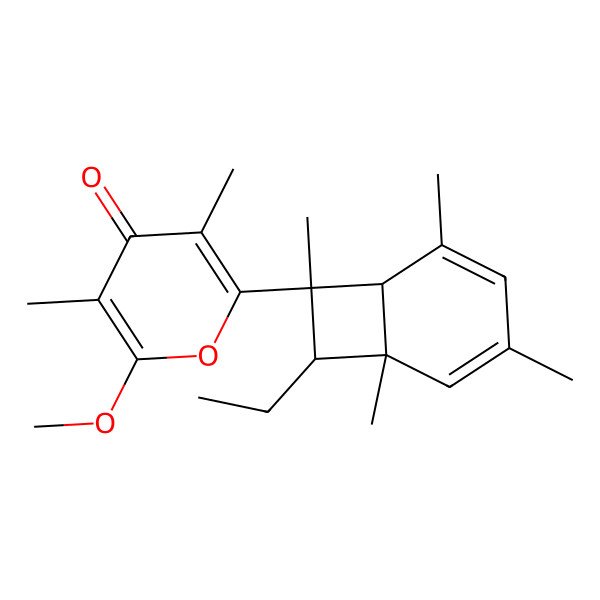 2D Structure of 2-(8-Ethyl-1,3,5,7-tetramethyl-7-bicyclo[4.2.0]octa-2,4-dienyl)-6-methoxy-3,5-dimethylpyran-4-one