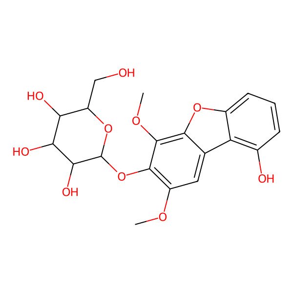2D Structure of 2-(9-Hydroxy-2,4-dimethoxydibenzofuran-3-yl)oxy-6-(hydroxymethyl)oxane-3,4,5-triol