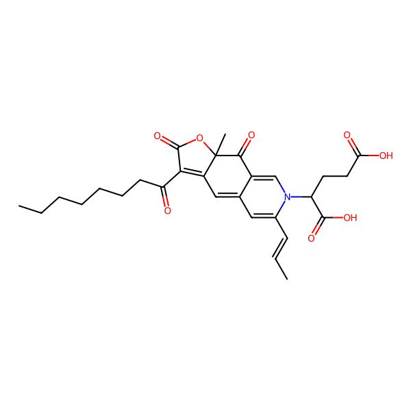 2D Structure of 2-[9a-methyl-3-octanoyl-2,9-dioxo-6-[(E)-prop-1-enyl]uro[3,2-g]isoquinolin-7-yl]pentanedioic acid