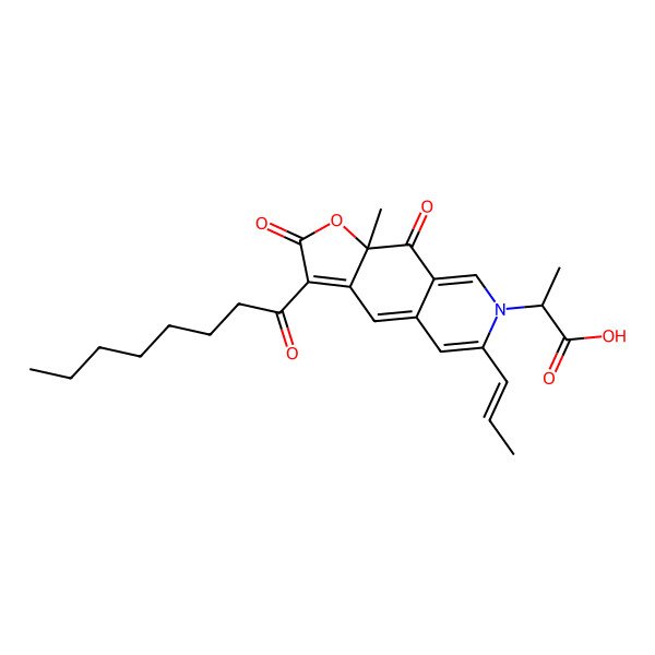 2D Structure of 2-(9a-Methyl-3-octanoyl-2,9-dioxo-6-prop-1-enylfuro[3,2-g]isoquinolin-7-yl)propanoic acid