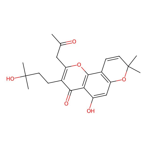 2D Structure of 2-Acetonyl-5-hydroxy-3-(3-hydroxy-3-methyl-butyl)-8,8-dimethyl-pyrano[2,3-h]chromen-4-one