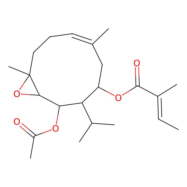 2D Structure of (2-Acetyloxy-6,10-dimethyl-3-propan-2-yl-11-oxabicyclo[8.1.0]undec-6-en-4-yl) 2-methylbut-2-enoate