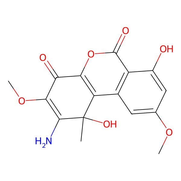 2D Structure of 2-Amino-1,7-dihydroxy-3,9-dimethoxy-1-methylbenzo[c]chromene-4,6-dione