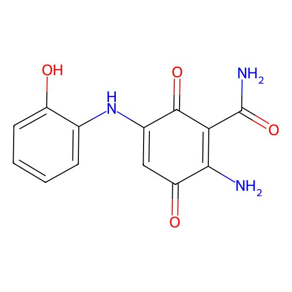 2D Structure of 2-amino-5-(2-hydroxyanilino)-3,6-dioxocyclohexa-1,4-diene-1-carboxamide