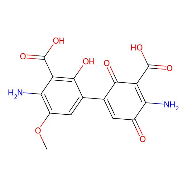 2D Structure of 2-amino-5-(4-amino-5-carboxy-3,6-dioxocyclohexa-1,4-dien-1-yl)-6-hydroxy-3-methoxybenzoic acid