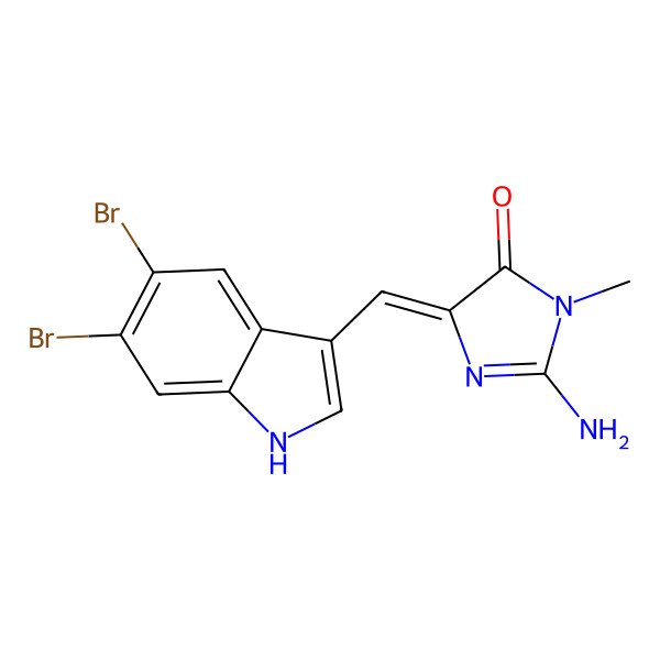 2D Structure of 2-amino-5-[(5,6-dibromo-1H-indol-3-yl)methylidene]-3-methylimidazol-4-one