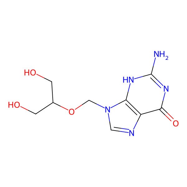 2D Structure of 2-amino-9-(1,3-dihydroxypropan-2-yloxymethyl)-3H-purin-6-one