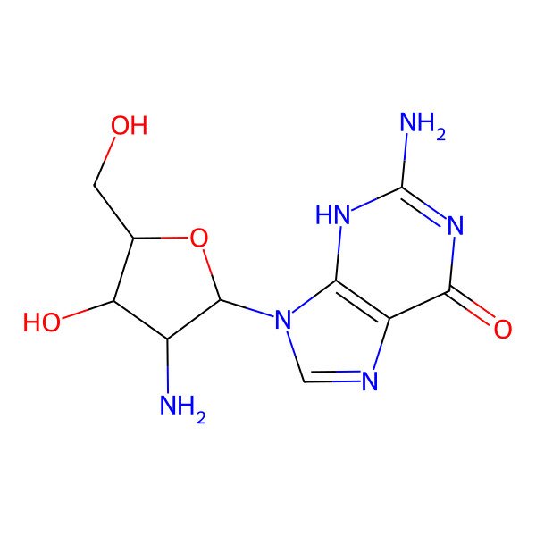 2D Structure of 2-amino-9-[(2R,3R,4S,5R)-3-amino-4-hydroxy-5-(hydroxymethyl)oxolan-2-yl]-3H-purin-6-one