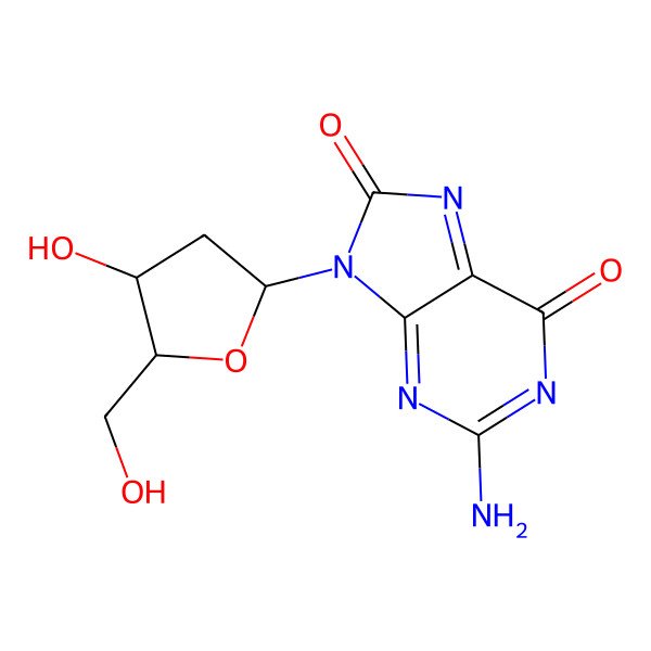 2D Structure of 2-amino-9-[(2R,4S,5R)-4-hydroxy-5-(hydroxymethyl)oxolan-2-yl]purine-6,8-dione