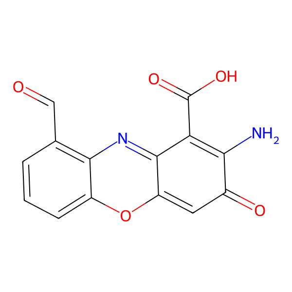 2D Structure of 2-Amino-9-formyl-3-oxophenoxazine-1-carboxylic acid
