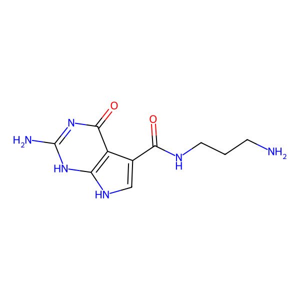2D Structure of 2-amino-N-(3-aminopropyl)-4-oxo-1,7-dihydropyrrolo[2,3-d]pyrimidine-5-carboxamide