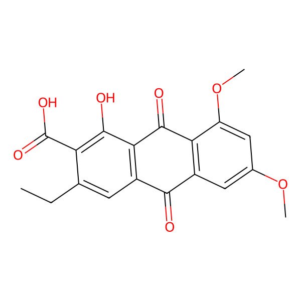 2D Structure of 2-Anthracenecarboxylicacid, 3-ethyl-9,10-dihydro-1-hydroxy-6,8-dimethoxy-9,10-dioxo-