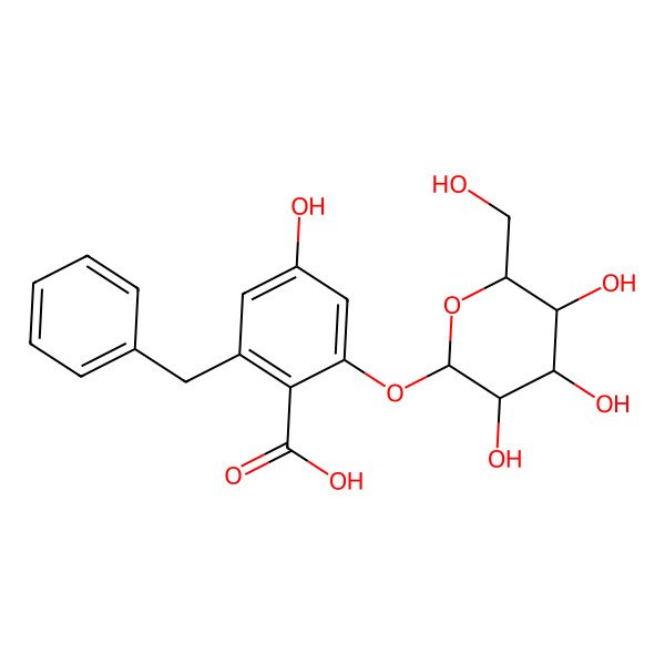 2D Structure of 2-benzyl-4-hydroxy-6-[(2S,3R,4S,5S,6R)-3,4,5-trihydroxy-6-(hydroxymethyl)oxan-2-yl]oxybenzoic acid