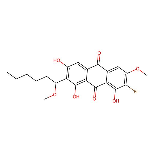 2D Structure of 2-Bromo-1,6,8-trihydroxy-3-methoxy-7-(1-methoxyhexyl)anthracene-9,10-dione