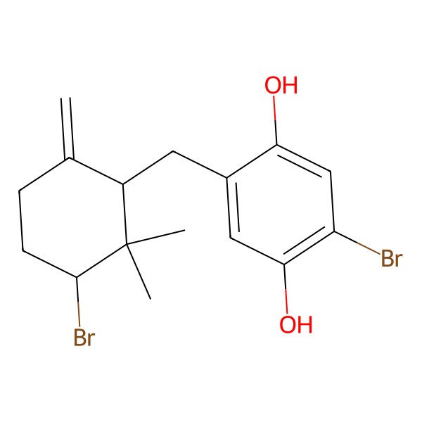 2D Structure of 2-bromo-5-[[(1R,3R)-3-bromo-2,2-dimethyl-6-methylidenecyclohexyl]methyl]benzene-1,4-diol