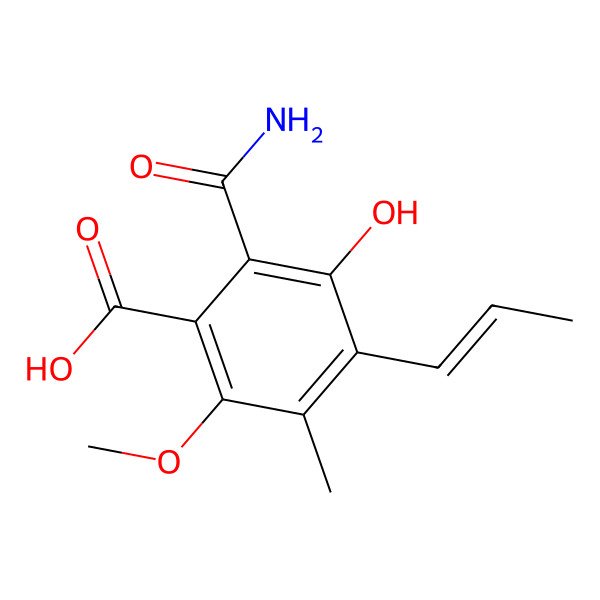 2D Structure of 2-Carbamoyl-3-hydroxy-6-methoxy-5-methyl-4-prop-1-enylbenzoic acid
