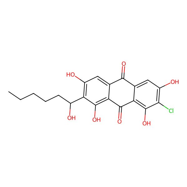 2D Structure of 2-Chloro-1,3,6,8-tetrahydroxy-7-(1-hydroxyhexyl)anthracene-9,10-dione