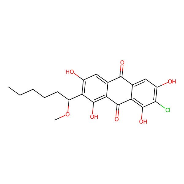 2D Structure of 2-Chloro-1,3,6,8-tetrahydroxy-7-(1-methoxyhexyl)anthracene-9,10-dione