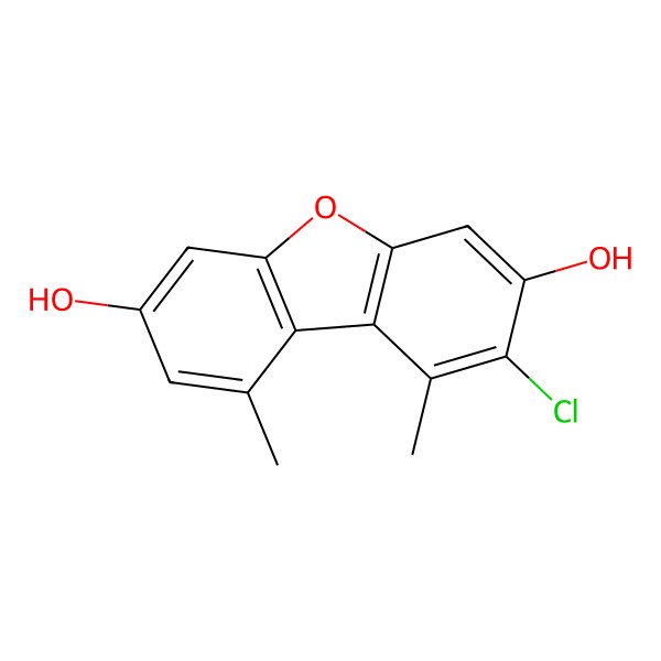 2D Structure of 2-Chloro-3,7-dihydroxy-1,9-dimethyldibenzofuran