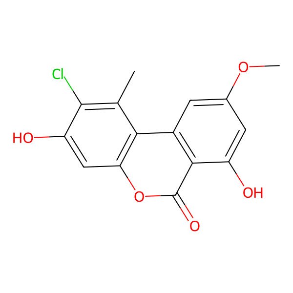 2D Structure of 2-Chloro-3,7-dihydroxy-9-methoxy-1-methyl-6H-dibenzo[b,d]pyran-6-one