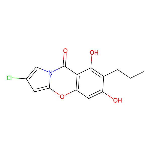 2D Structure of 2-chloro-6,8-dihydroxy-7-propyl-9H-pyrrolo [2,1-b][1,3]benzoxazin-9-one
