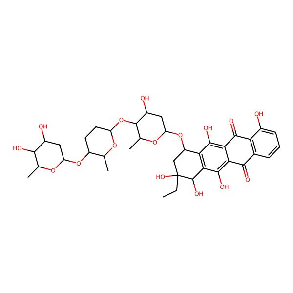 2D Structure of 2-deoxy-L-fucose-L-rhodinose-2-deoxy-L-fucose-beta-rhodomycinone