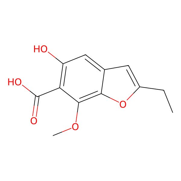 2D Structure of 2-Ethyl-5-hydroxy-7-methoxy-1-benzofuran-6-carboxylic acid