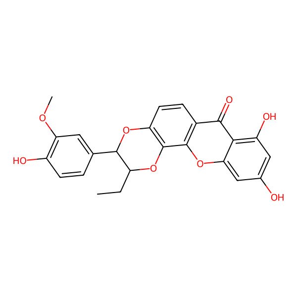 2D Structure of 2-Ethyl-8,10-dihydroxy-3-(4-hydroxy-3-methoxyphenyl)-2,3-dihydro-[1,4]dioxino[2,3-c]xanthen-7-one